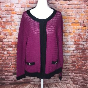 Roz & Ali Sparkly Magenta and Black Button Down Cardigan